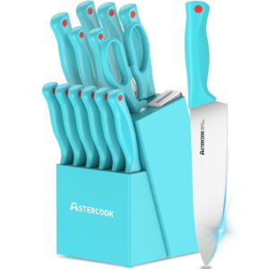 Astercook 15 Piece Kitchen Knife Set, High Carbon German Stainless Steel with Built-in Sharpener, Dishwasher Safe, Sharp & Rust Resistant Black Chef Knives Block Sets Blue