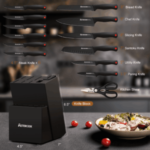 Astercook Kitchen Knife Set, 15 Pcs Knives Block Set with Built-in Sharpener, Healthy Anti-Rust Coating & German Stainless Steel Knife Set, Dishwasher Safe Black