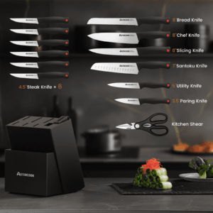 Astercook Knife set, 15-Piece Kitchen Knife Set with Built-in Sharpener, High Carbon German Stainless Steel Knives Block Sets, Ultra Sharp & Rust Resistant, Dishwasher Safe