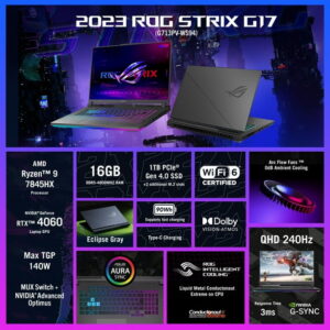 ASUS ROG Strix G17 (2023) 17.3” QHD 240Hz Gaming Laptop, AMD Ryzen 9-7845HX, NVIDIA GeForce RTX 4060, 16GB DDR5 RAM, 1TB SSD, Windows 11, G713PV-WS94