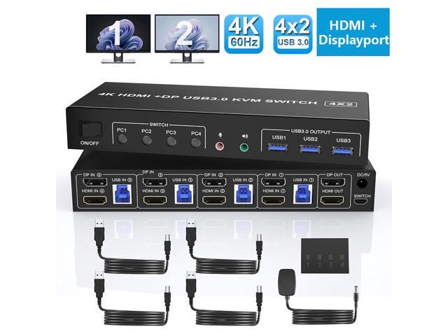 AUTYUE 4K@60Hz Displayport + HDMI Dual Monitor KVM Switch 4PCs, USB 3.0 KVM Switch 2 Monitors 4 Computers, with Audio Microphone Output and 3 USB 3.0