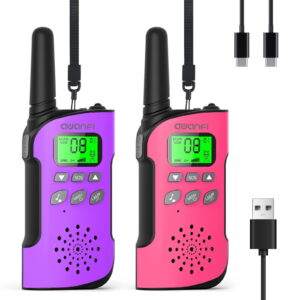 AWANFI 2 Pack Walkie Talkies for Kids Rechargeable, Long Range Walkie Talkie Set with LED Flashlight Lanyard, Birthday Toys Gift for Boys Girls(Pink Purple)