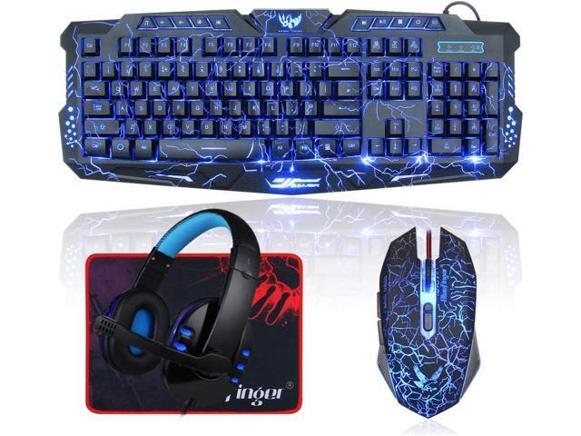 Backlit Gaming Keyboard and Mouse and LED Headset Combo,USB Wired 3 Color Crack Backlit Keyboard,Blue LED Light Gaming Headset,Gaming Keyboard Mouse