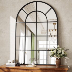BEAUTYPEAK 36" x 24" Arched Windowpane Mirror Decor Wall Mirror, Black
