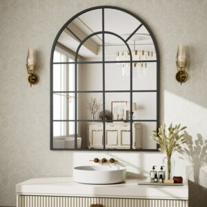 BEAUTYPEAK 40" x 30" Arched Windowpane Mirror Decor Wall Mirror, Black