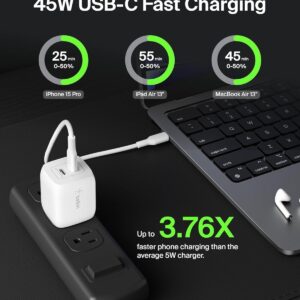 Belkin 45W Dual USB-C Wall Charger, Fast Charging Power Delivery 3.0 w/ GaN Technology for iPhone 16, 15, 14, 13, Pro, Pro Max, iPad, MacBook, Galaxy S25, Nintendo Switch 2 &...