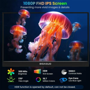 BIGASUO Portable Monitor, 15.6'' 1080P FHD Portable Monitor for Laptop PC Mac Xbox PS4/5, Ultra-Slim HDMI HDR Display IPS Gaming Monitor
