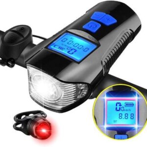 Bike Light Set, Bicycle Headlight Taillight, Bicycle Speedometer Odometer for Bike, with Horn, USB Rechargeable Bike Tail Light and Front Light Set