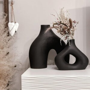 Black Vases Home Decor, Set of 2 Large Black Vase, Black Ceramic Vase, Boho Vase, Decorative Vase, Modern Farmhouse Decor, Tall Matte Black Vase for Living Room, Shelf, Mantel,...