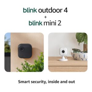 Blink Outdoor 4 + Mini 2 – Wireless smart security camera, two-year battery life, 1080p HD day and infrared night live view. Sync Module Core included – 3 camera system + Mini 2...