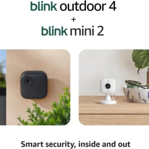 Blink Outdoor 4 + Mini 2 – Wireless smart security camera, two-year battery life, 1080p HD day and infrared night live view. Sync Module Core included – 3 camera system + Mini 2...
