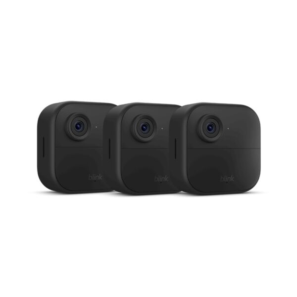 Blink Outdoor 4 (newest model), Wireless smart security camera, two-year battery, 1080p HD day and infrared night live view, two-way talk – 3 camera system