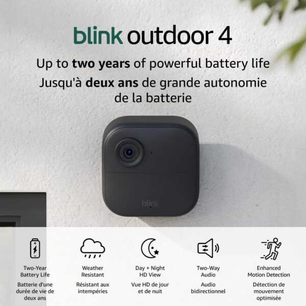 Blink Outdoor 4 (newest model), Wireless smart security camera, two-year battery, 1080p HD day and infrared night live view, two-way talk – 3 camera system
