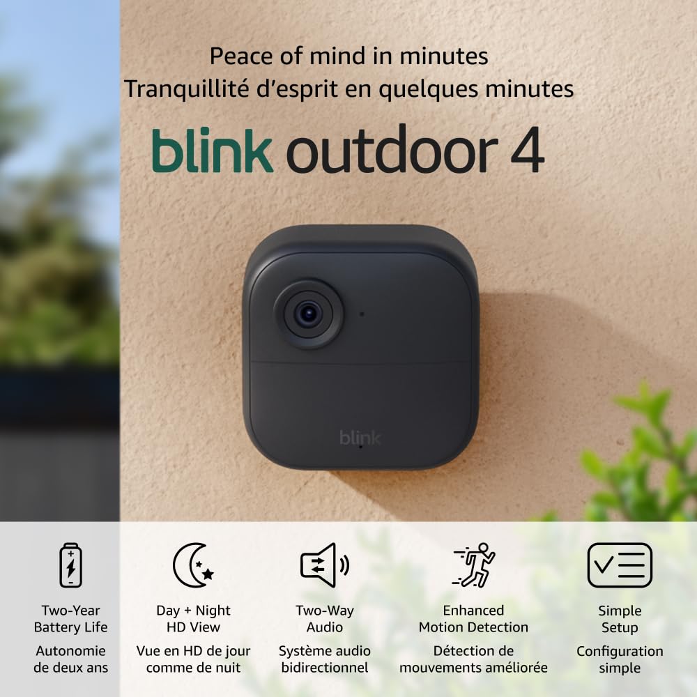 Blink Outdoor 4 (newest model) – Wireless smart security camera, two-year battery life, 1080p HD day and infrared night live view, two-way talk. Sync Module Core included – 3...