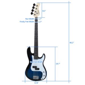 Blue Electric Bass Guitar with 20W Amp & Headphones - 4-String Basswood Body, Maple Neck, Rosewood Fingerboard, Beginner Bass Package for Silent Practice
