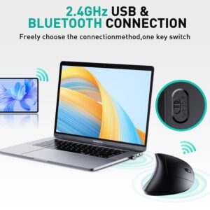Bluetooth and 2.4G (2-in-1) Rechargeable Wireless Mouse, Ergonomic Vertical Design, 1000/1200/1600 DPI, 6 Silent Buttons, for Laptop, Computer, PC, MacBook, Chromebook-Black