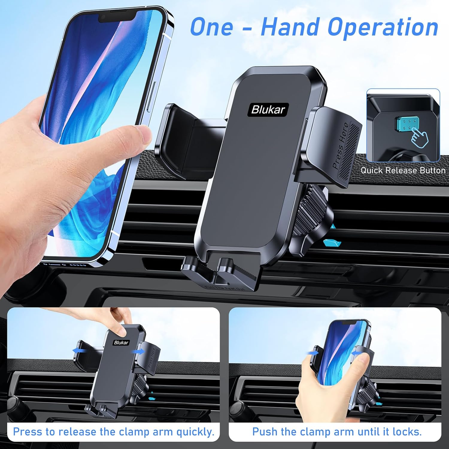 Blukar Phone Holder Car, Air Vent Car Phone Mount with Upgraded Ultra Stable Hook Clip, 360° Rotation, One Button Release Cellphone Holder for iPhone, Google, Galaxy and All...