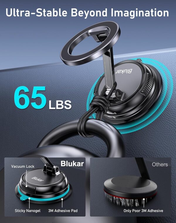 Blukar Phone Holder Car for MagSafe, [20xN52 Strong Magnets] Magnetic Car Phone Holder Mount - 360° Rotation, Upgraded Ultra Stable Suction Cup for iPhone 16/15/14 & Others with...