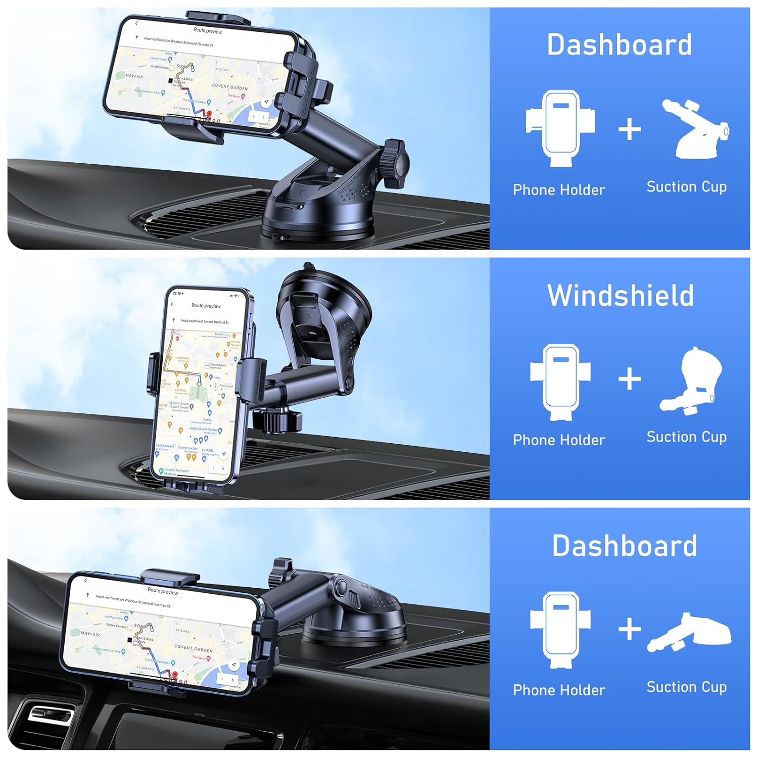 Blukar Phone Holder Car, [Upgraded Strong Suction] Adjustable Car Phone Holders Mount for Car Dashboard/Windscreen, 360°Rotation, One Button Release, Automobile Cradle for...