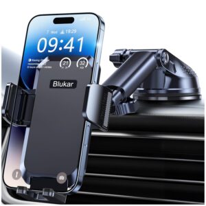 Blukar Phone Holder Car, [Upgraded Strong Suction] Adjustable Car Phone Holders Mount for Car Dashboard/Windscreen, 360°Rotation, One Button Release, Automobile Cradle for...