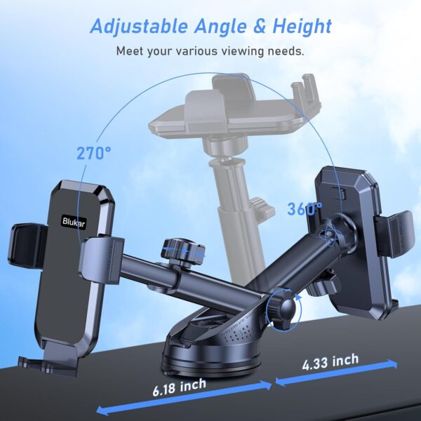 Blukar Phone Holder Car, [Upgraded Strong Suction] Adjustable Car Phone Holders Mount for Car Dashboard/Windscreen, 360°Rotation, One Button Release, Automobile Cradle for...