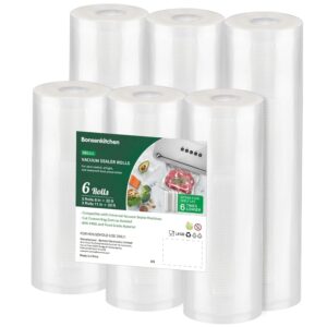 Bonsenkitchen Vacuum Sealer Rolls Bags, 6 Pack 3 Rolls 11" x 20' + 3 Rolls 8" x 20' Commercial Grade BPA Free Bag Rolls, Durable Customized Size Food Vac Bags for Storage and...