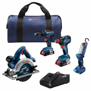BOSCH GXL18V-497B23 18V 4-Tool Combo Kit with 2-In-1 1/4 In. and 1/2 In. Bit/Socket Impact Driver, 1/2 In. Hammer Drill/Driver, Circular Saw, Worklight with (1) CORE18V 4 Ah...