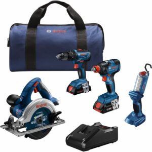 BOSCH GXL18V-497B23 18V 4-Tool Combo Kit with 2-In-1 1/4 In. and 1/2 In. Bit/Socket Impact Driver, 1/2 In. Hammer Drill/Driver, Circular Saw, Worklight with (1) CORE18V 4 Ah...