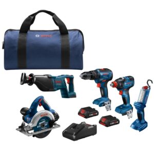 BOSCH GXL18V-501B25 18V 5-Tool Combo Kit with 2-In-1 Bit/Socket Impact Driver/Wrench, 1/2 In. Hammer Drill/Driver, Reciprocating Saw, Circular Saw, LED Worklight and (2) CORE18V...