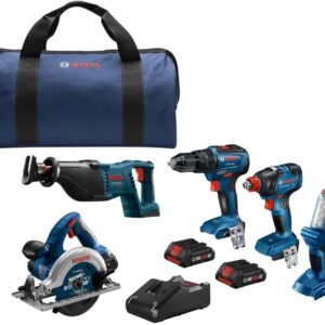 BOSCH GXL18V-501B25 18V 5-Tool Combo Kit with 2-In-1 Bit/Socket Impact Driver/Wrench, 1/2 In. Hammer Drill/Driver, Reciprocating Saw, Circular Saw, LED Worklight and (2) CORE18V...