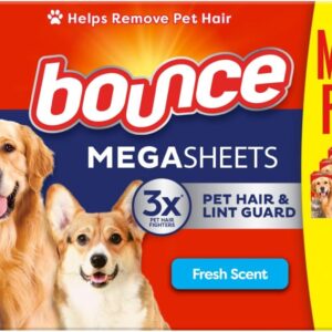 Bounce Pet Hair and Lint Guard Mega Fabric Softener Dryer Sheets with 3X Pet Hair Fighters, Fresh Scent, 180 Count, Bounce Dryer Sheets, Laundry Sheets, Mega Sheet