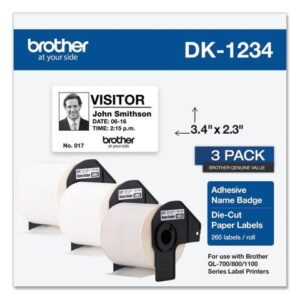 Brother DK-1234 Adhesive Name Badge Paper Labels 3-4/10" x 2-3/10" Black on White 260 Labels/Roll 3 Rolls/Box (DK-12343PK)