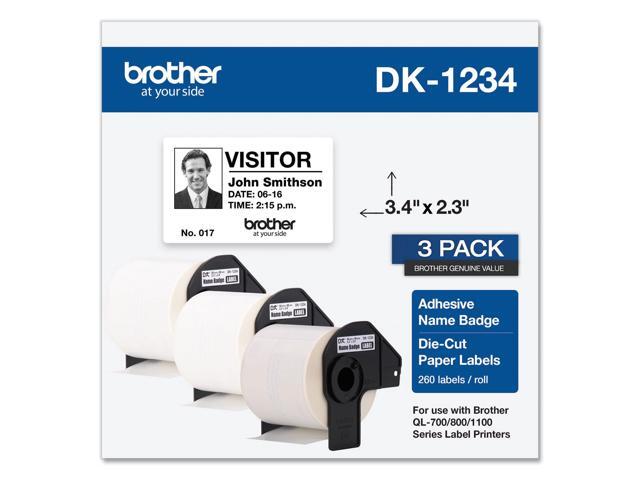 Brother DK-1234 Adhesive Name Badge Paper Labels 3-4/10" x 2-3/10" Black on White 260 Labels/Roll 3 Rolls/Box (DK-12343PK)