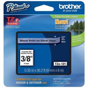 Brother Label Tape Cartridge, Label Type Indoor/Outdoor Black/Clear PET TZe121