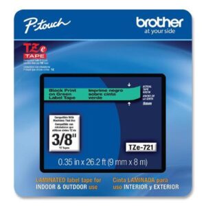 Brother P-touch TZe-721CS Laminated Label Maker Tape 3/8" x 26-2/10' Black on Green (TZe-721CS) TZE721CS