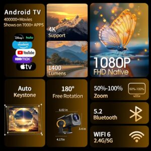 [Built-in App] Mini Projector 1080P Full HD, 4K Projector with 180° Rotation, Portable Projector WiFi 6&Bluetooth 5.2 Support, Featuring Auto Keystone Correction, HDMI/USB...