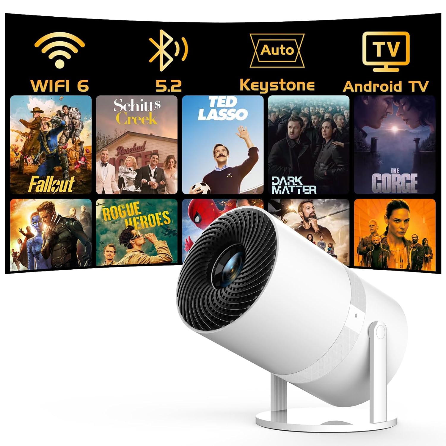 【Built-in Apps】 1080P Mini Projector with WiFi 6 and Bluetooth, Portable Outdoor Projector with 【Auto Keystone】, 270°Rotation Movie Projector Compatible with HDMI, USB, Smartphone
