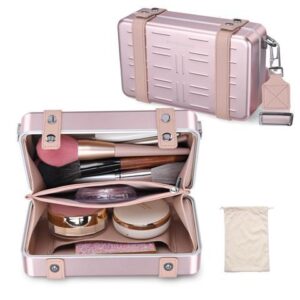 Byootique Mini Suitcase Crossbody Bag Portable Hard Shell Aluminum Cosmetic Makeup Case with Adjustable Strap Travel Handbag for Makeup Artist,Pink