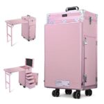 Byootique Nail Desk Mobile Station Rolling Makeup Train Case Manicure Table Cosmetic Pink