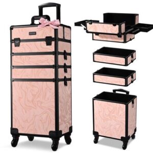 Byootique Rolling Makeup Train Case 4in1 Cosmetic Trolley Organizer Case Lockable Salon Barber Case Traveling Cart Trunk with Wheels for Makeup Artist