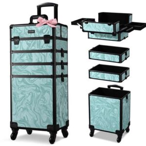 Byootique Rolling Makeup Train Case 4in1 Cosmetic Trolley Organizer Travel Case Lockable Salon Barber Case Traveling Cart Trunk with Wheels for Makeup