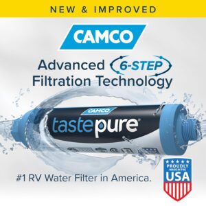 Camco Tastepure RV Water Filter - New & Advanced RV Inline Water Filter with Flexible Hose Protector - GAC & KDF Filtration - Made in USA - Camping Essentials for Fresh Drinking...