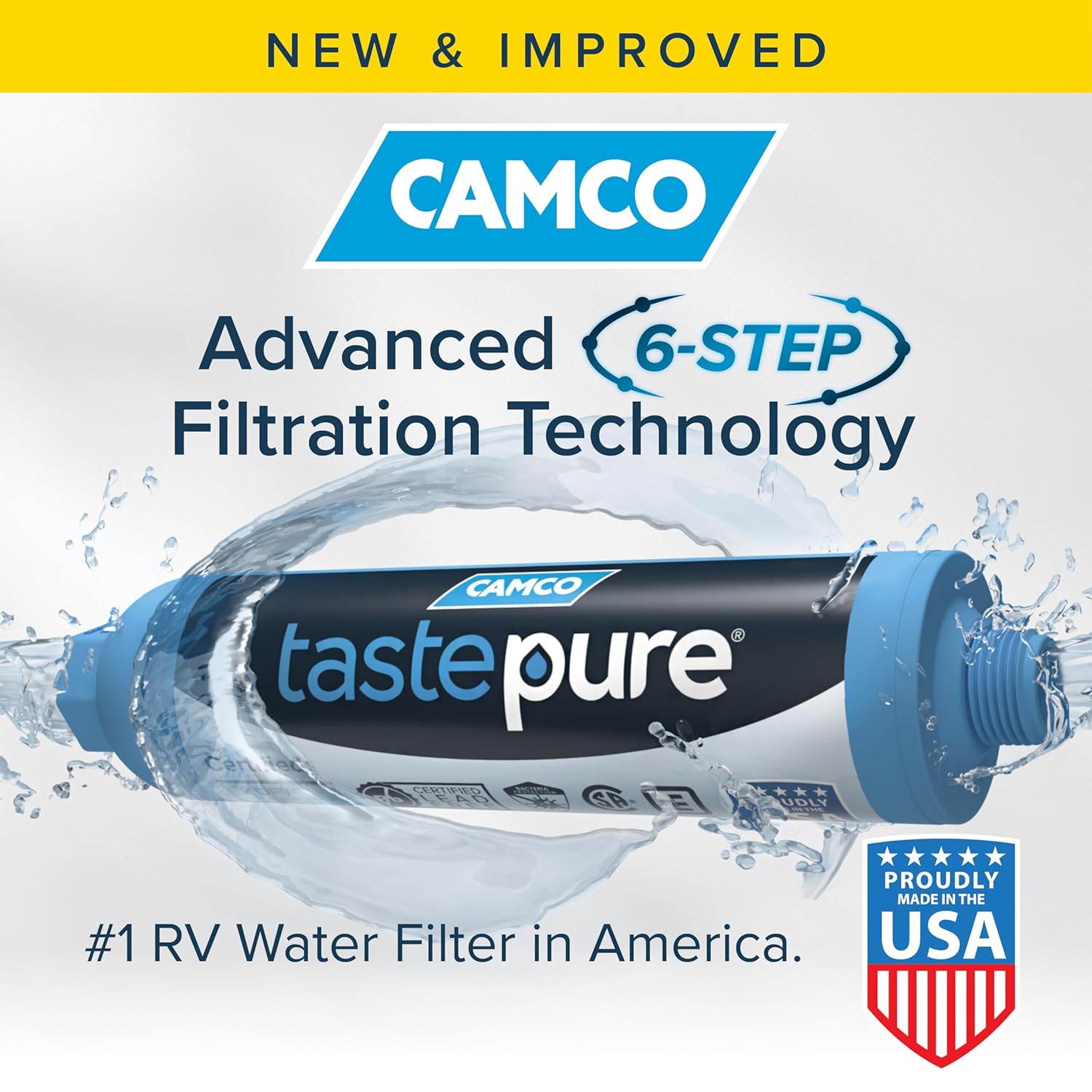 Camco Tastepure RV Water Filter - New & Advanced RV Inline Water Filter with Flexible Hose Protector - GAC & KDF Filtration - Made in USA - Camping Essentials for Fresh Drinking...