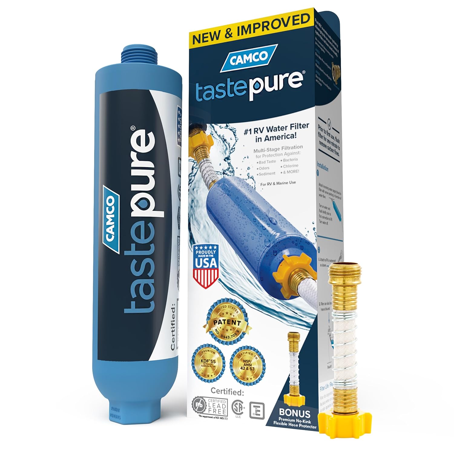 Camco Tastepure RV Water Filter - New & Advanced RV Inline Water Filter with Flexible Hose Protector - GAC & KDF Filtration - Made in USA - Camping Essentials for Fresh Drinking...