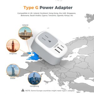Canada to UK Travle Adapter, TESSAN Plug Adaptor with 1 Outlet and 3 USB Ports (1 USB C), Type G Power Plug for Ireland, England, British, Qatar, Singapore, Malaysia