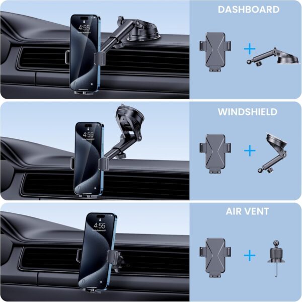 Car Phone Holder Mount, [Military-Grade Suction & Super Sturdy Base] 3 in 1 Universal Cell Phone Holder Car Dashboard Windshield Air Vent Hands Free Car Mount for iPhone Android