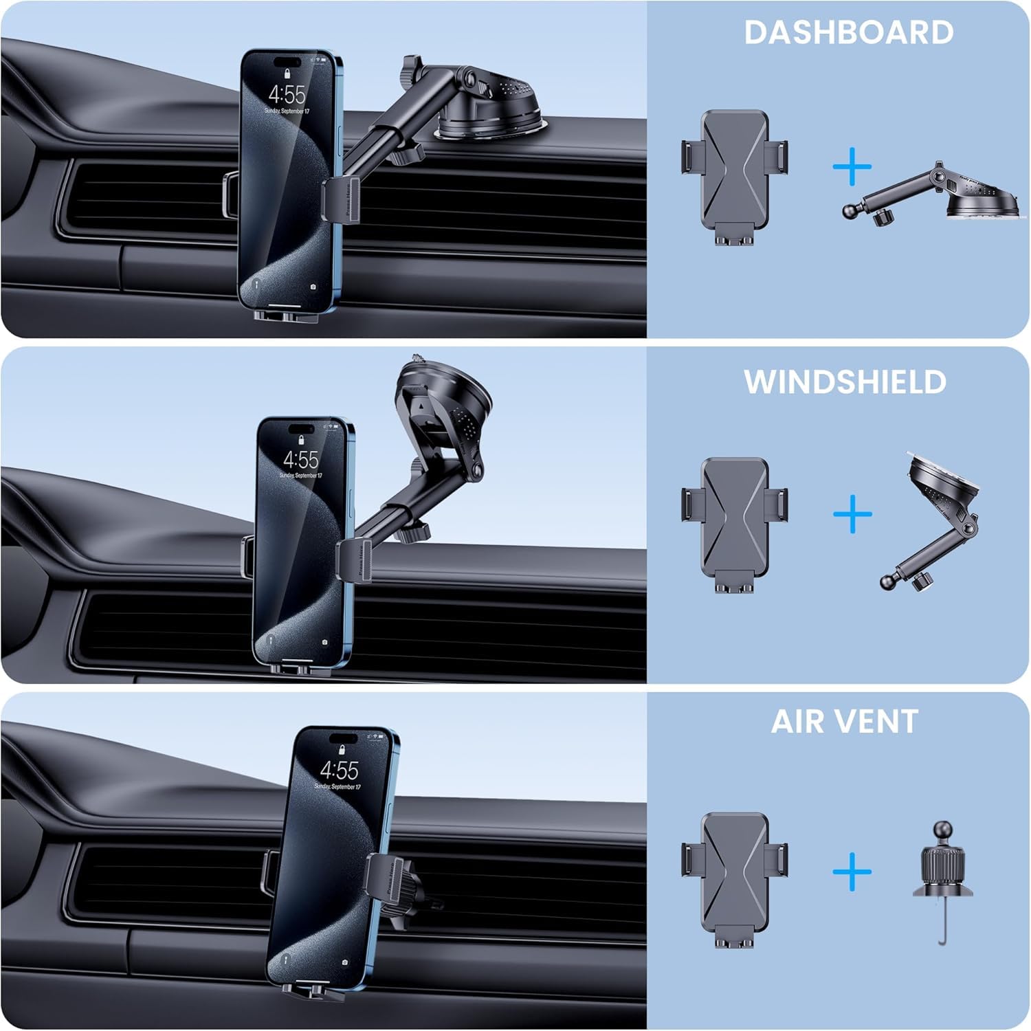 Car Phone Holder Mount, [Military-Grade Suction & Super Sturdy Base] 3 in 1 Universal Cell Phone Holder Car Dashboard Windshield Air Vent Hands Free Car Mount for iPhone Android