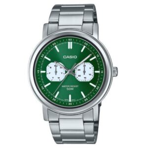 Casio MTP-E335D-3EV Stainless Steel Green Dial Day/Date Quartz Analog Mens Watch