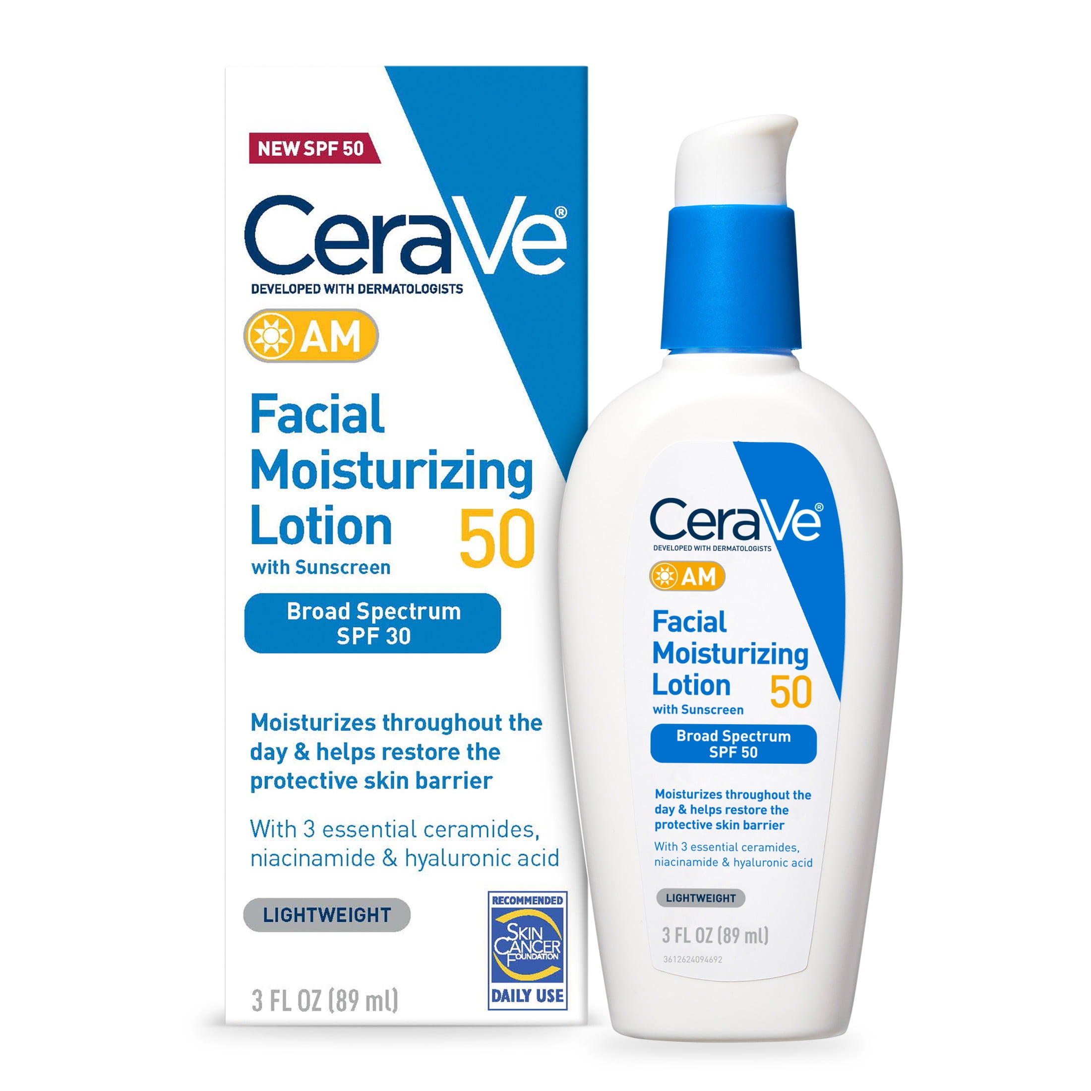 CeraVe AM Moisturizing Face Lotion with SPF 50 Sun Protection for Normal to Oily Skin, 3 fl oz