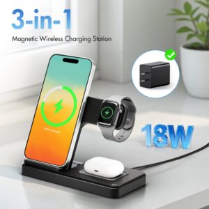 Charging Station, Wirelss Charger, Magnetic Fast Charging Station Compatible with iPhone 16 15 14 13 12 11 Pro Max XS XR, for iWatch Series 9 8 7 6 5 4 3 2 SE, for AirPods 3 2 Pro